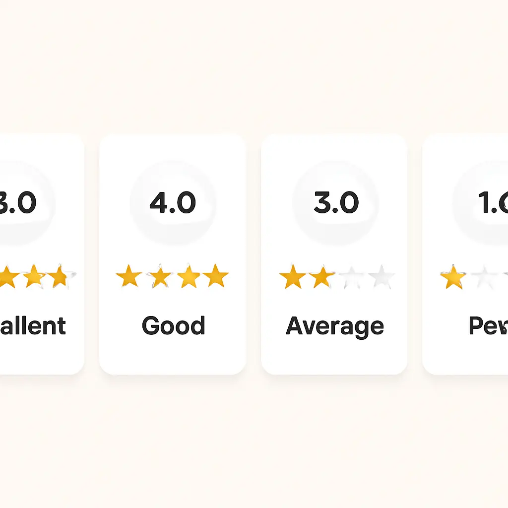 Card rhythm pattern Series of rating cards aligned with repeated badge elements