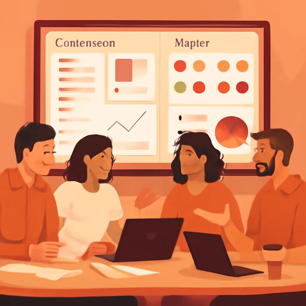 Team collaborating around a central design system dashboard