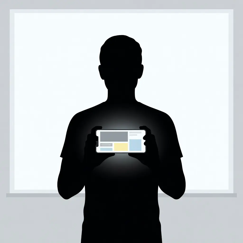 Designer validating promotional interface on mobile in real-world conditions Minimalist illustration of a designer holding a smartphone reviewing a promotional interface design under bright ambient light, representing real-world device validation