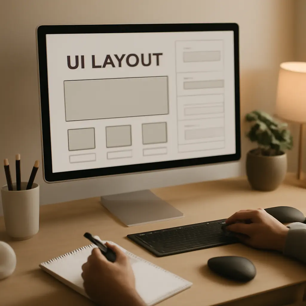 Designer reviewing a clean UI layout on a screen